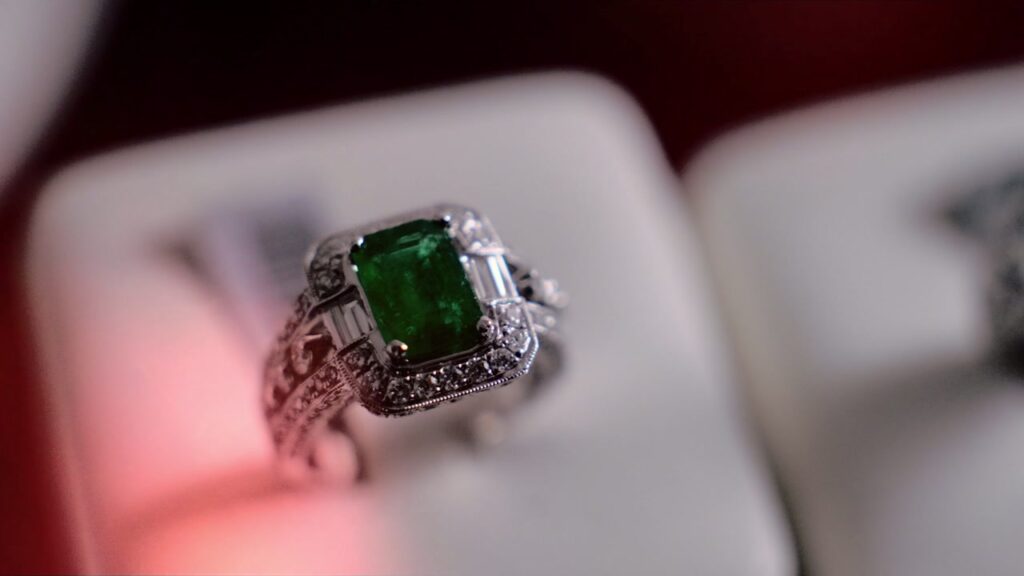 Green gemstone ring shown in the approved Jewels by Sadie video